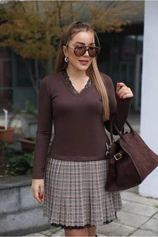 Kadın Uzun Kollu Denteli Yaka Ekose Etek Detay Diz üstü Elbise