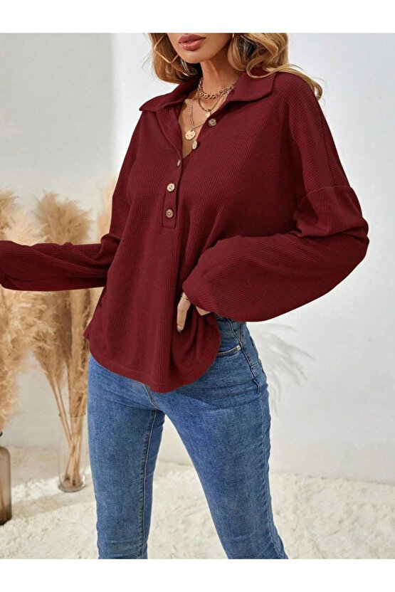 Kadın Uzun Kollu Yakalı Düğmeli Salaş Waffle Bluz