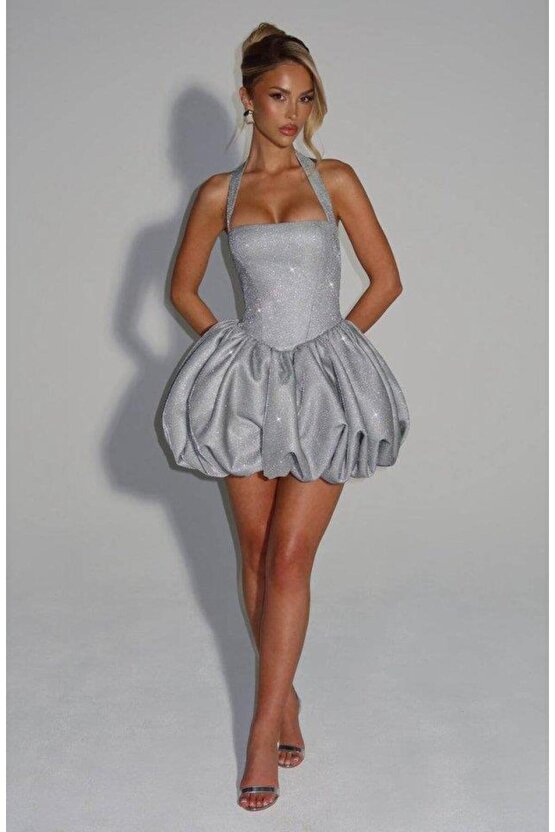 Kadın Halter Yaka Simli Kumaş Sırtı Bağcık Detay Prenses Elbise