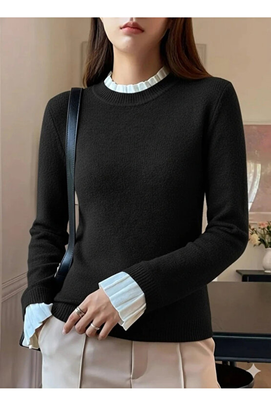 Kadın Uzun Kollu Fırfırlı Yakalı Triko Bluz