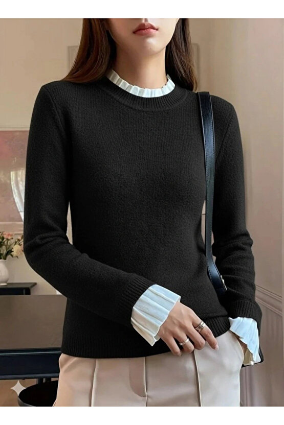 Kadın Uzun Kollu Fırfırlı Yakalı Triko Bluz