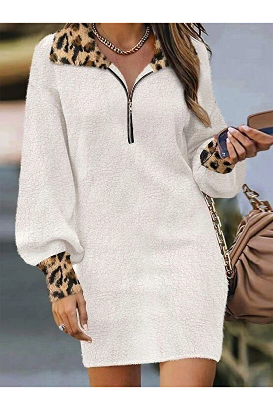 Kadın Uzun Kollu Yakalı önden Fermuarlı Leopar Detaylı Mini Peluş Elbise