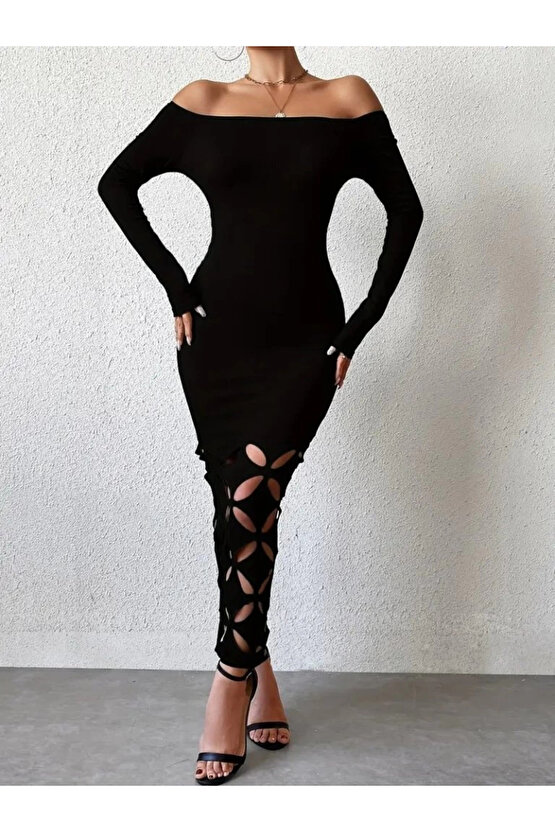 Kadın Madonna Yaka Uzun Kollu Lazer çiçek Kesim Detaylı Uzun Ithal Krep Elbise