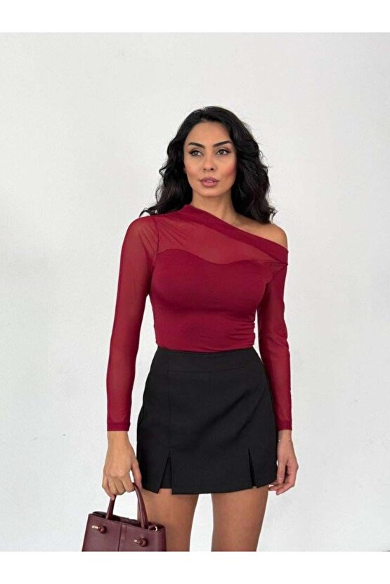 Kadın Uzun Kollu Omuz Dekoltesi Ve Transparan Tül Detay Bluz