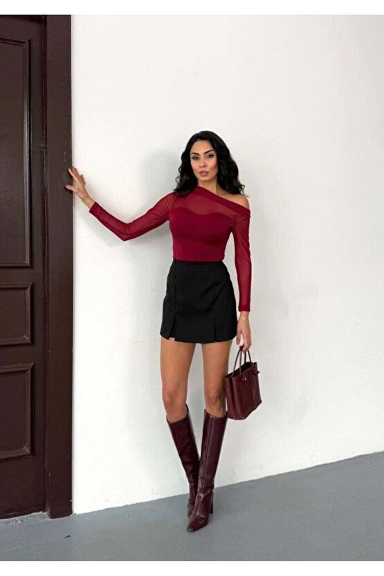 Kadın Uzun Kollu Omuz Dekoltesi Ve Transparan Tül Detay Bluz