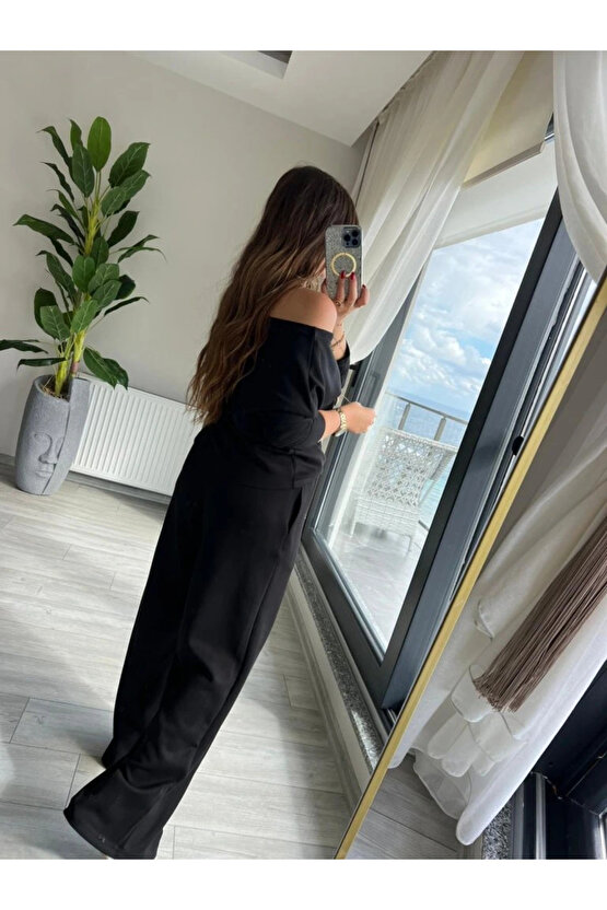 Kadın Uzun Kollu Tek Omuzdan Açık Modal Bluz Ve Pantolon Ikili Takım