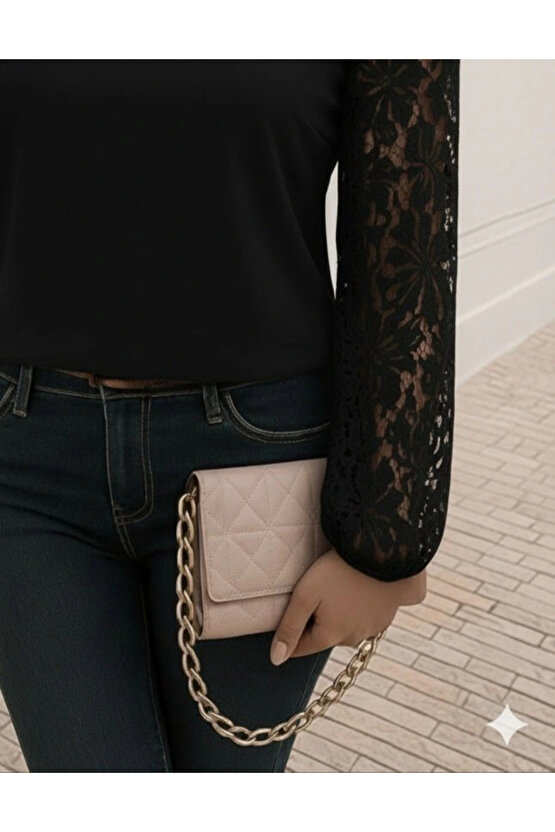 Kadın Uzun Kollu Asimetrik Yakalı Dantelli Ithal Krep Bluz