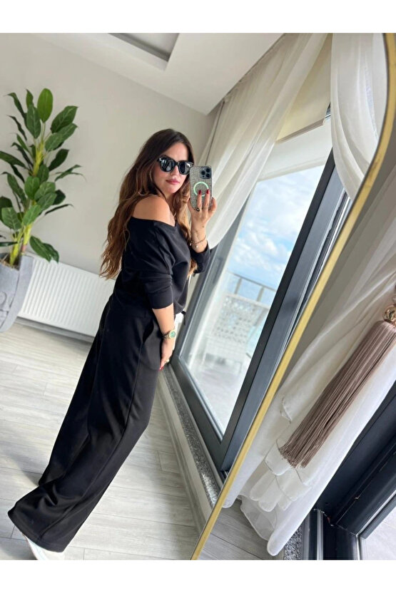 Kadın Uzun Kollu Tek Omuzdan Açık Modal Bluz Ve Pantolon Ikili Takım