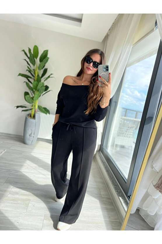 Kadın Uzun Kollu Tek Omuzdan Açık Modal Bluz Ve Pantolon Ikili Takım