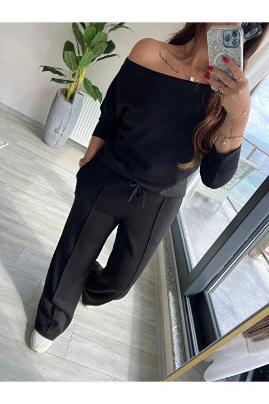 Kadın Uzun Kollu Tek Omuzdan Açık Modal Bluz Ve Pantolon Ikili Takım