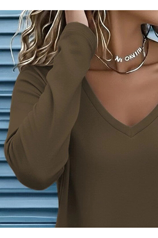 Kadın Uzun Kollu V Yakalı Viskon Iki Iplik Bluz