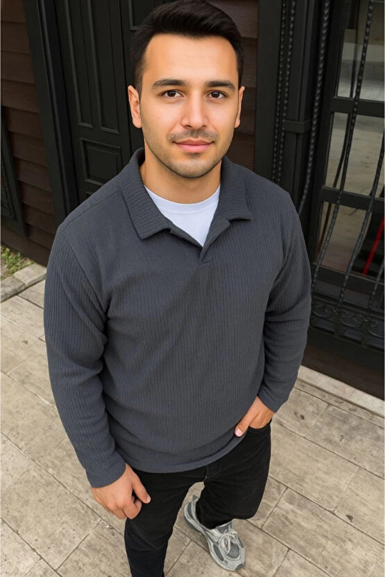 Erkek Fitilli Polar Sweatshirt – Düğmesiz Polo Yaka, Oversize Rahat Kalıp, Kalın Polar Kumaş, Kışlık