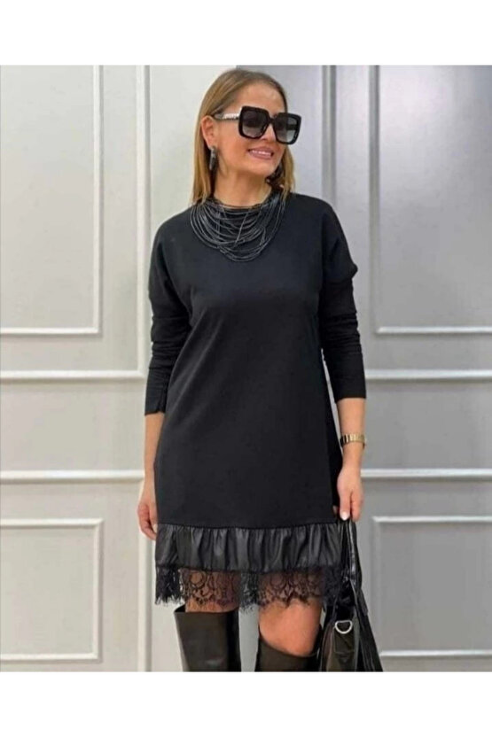 Kadın Uzun Kollu Bisiklet Yaka Etek Ucu Deri Dantelli Viskon Iki Iplik Midi Elbise