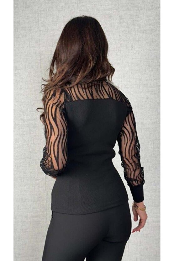 Kadın Uzun Kollu Bisiklet Yaka Kolları Tül Detay Kaşkorse Kumaş Bluz