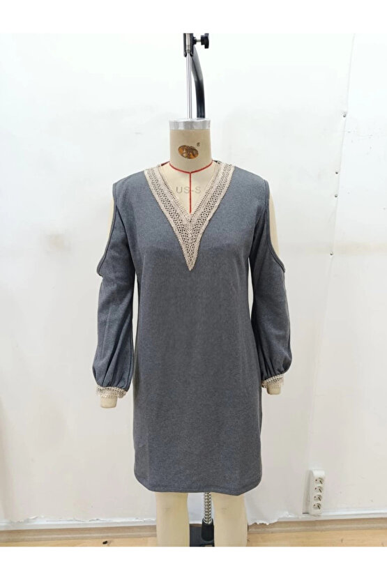 MDB Kadın Uzun Kollu Omuzdan Açık V Dantel Yakalı Mini Waffle Elbise