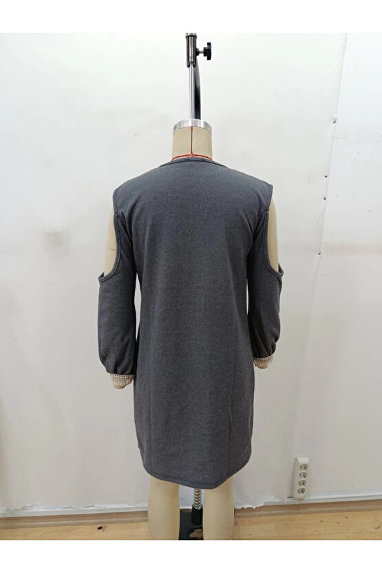 MDB Kadın Uzun Kollu Omuzdan Açık V Dantel Yakalı Mini Waffle Elbise