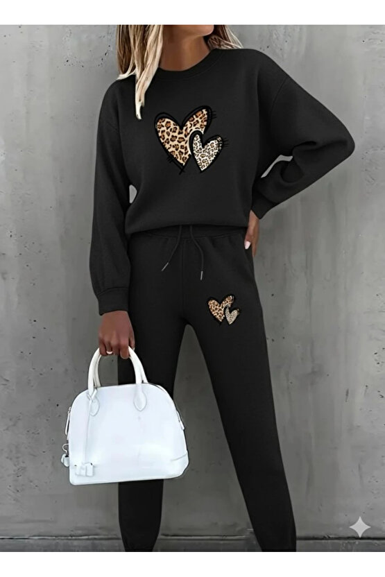 MDB Kadın Uzun Kollu Bisiklet Yaka Kalp Desenli şardonlu üç Iplik Bluz Ve Pantolon Ikili Takım