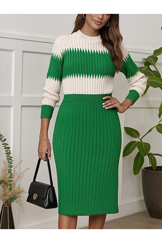 Kadın Uzun Kollu Triko Etekli Takım