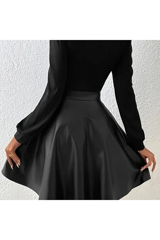 Kadın Uzun Kollu Kare Yaka üst Viskon Alt Deri Mini Elbise