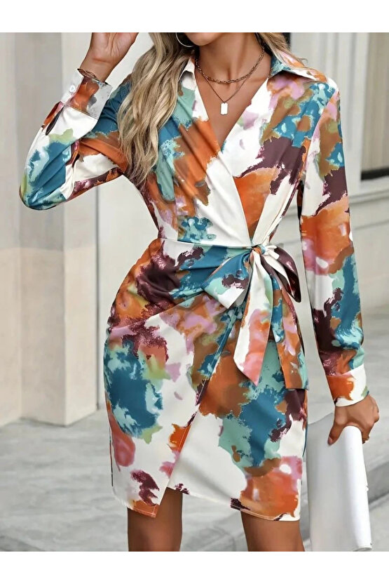 Kadın Uzun Kollu Yakalı Yandan Bağlamalı Mini Desenli Modal Elbise