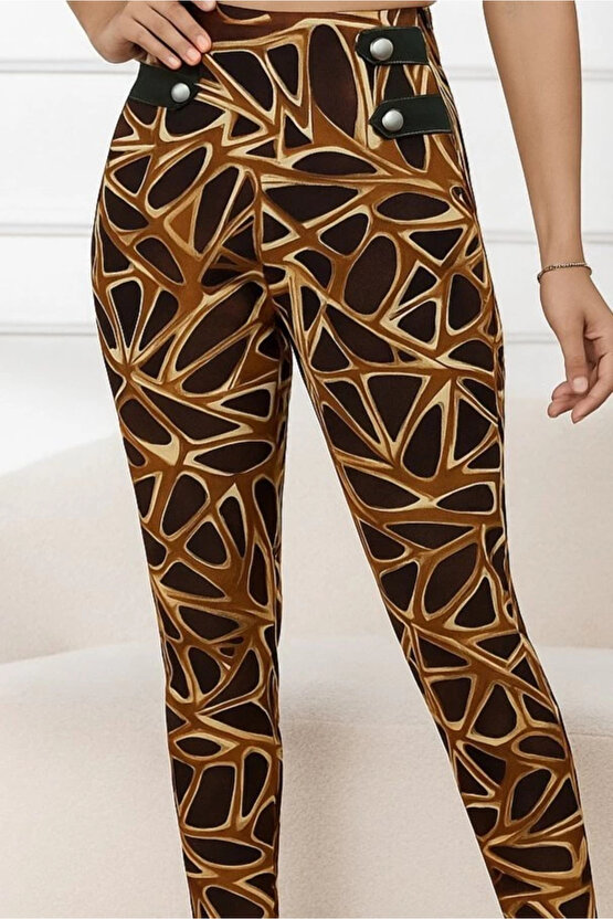 Kadın Yüksek Bel Kaz Ayağı Desenli Yan şerit Düğme Detaylı Dalgıç Pantolon