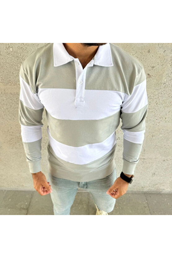 EQURİ Erkek Polo Yaka Uzun Kollu Çizgili Sweatshirt Trend Rugby Stil - Mint Yeşili