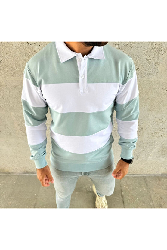 EQURİ Erkek Polo Yaka Uzun Kollu Çizgili Sweatshirt Trend Rugby Stil - Çağla Yeşili
