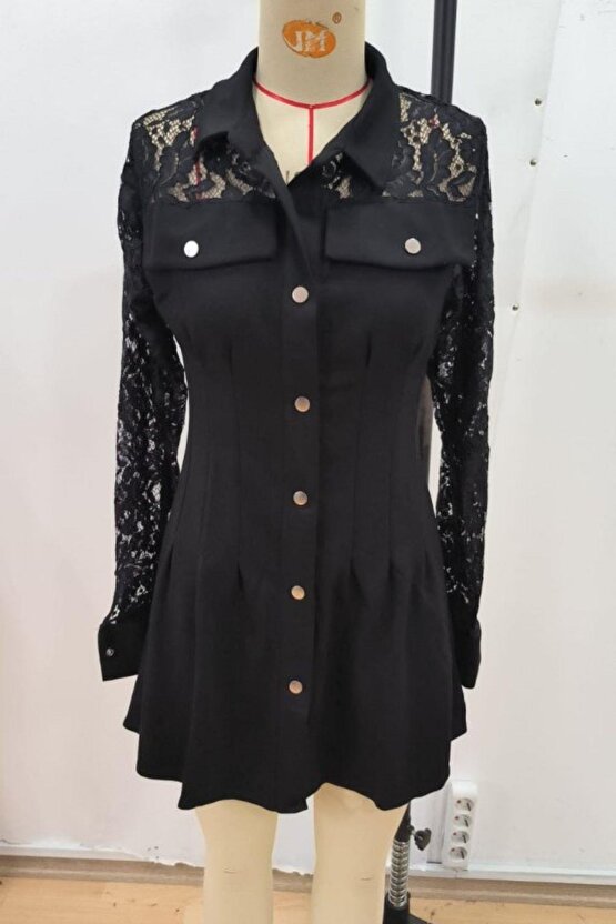 Kadın Uzun Kollu Yakalı önden Düğmeli Cep Detaylı Mini Modal Elbise