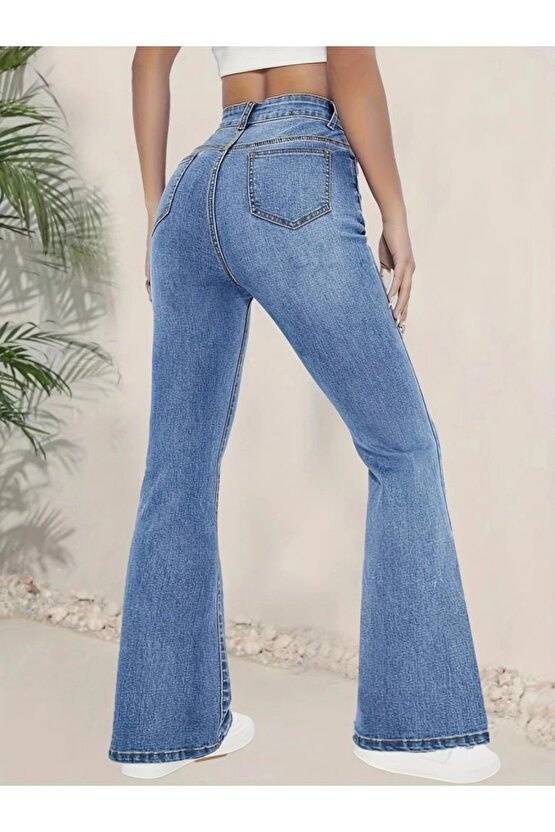 Kadın Yüksek Bel İspanyol Paça Kot Pantolon