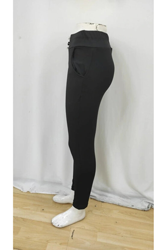 Kadın Yüksek Bel Cepli Düğmeli şardonlu Dalgıç Tayt Pantolon