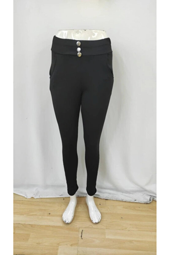 Kadın Yüksek Bel Cepli Düğmeli şardonlu Dalgıç Tayt Pantolon