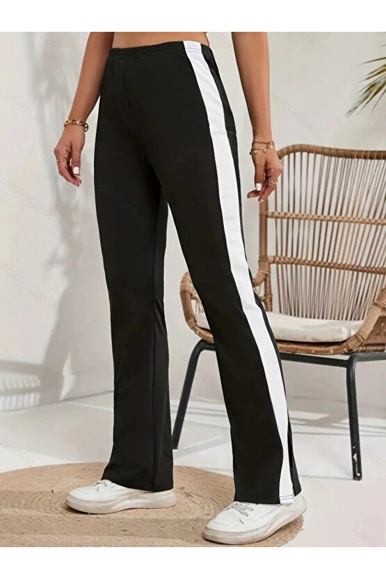 Kadın Yüksek Bel Yan şerit Detaylı Yırtmaçlı Viskon Iki Iplik Pantolon