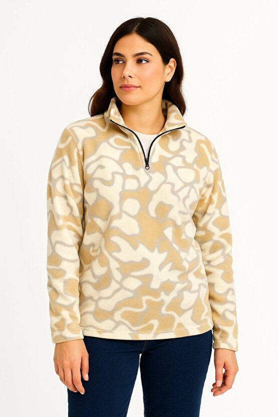 KADIN Yarım Fermuarlı Desenli Polar Sweat Yakalı, Uzun Kollu, Oversize Rahat Kalıp - Bej