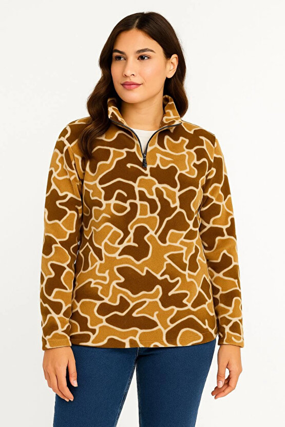 KADIN Yarım Fermuarlı Desenli Polar Sweat Yakalı, Uzun Kollu, Oversize Rahat Kalıp - Kahverengi