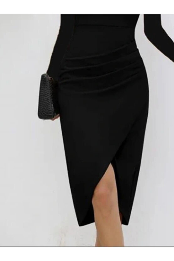 Kadın Uzun Kollu Kalp Yaka önden çapraz Detaylı Midi Ithal Krep Elbise