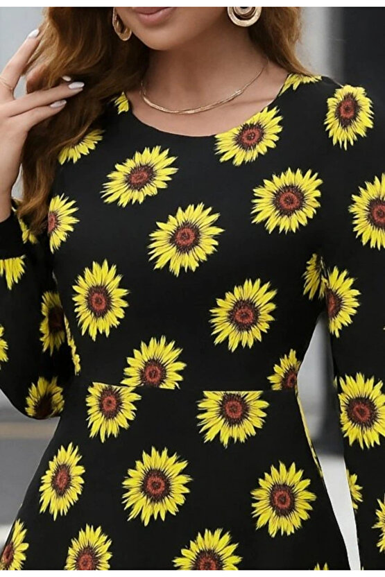 Kadın Uzun Kollu Bisiklet Yaka Desenli Kısa Krep Elbise