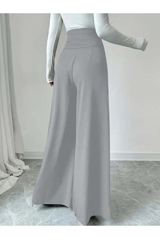 Kadın Yüksek Bel Düğmeli Geniş Paçalı Ithal Krep Pantolon