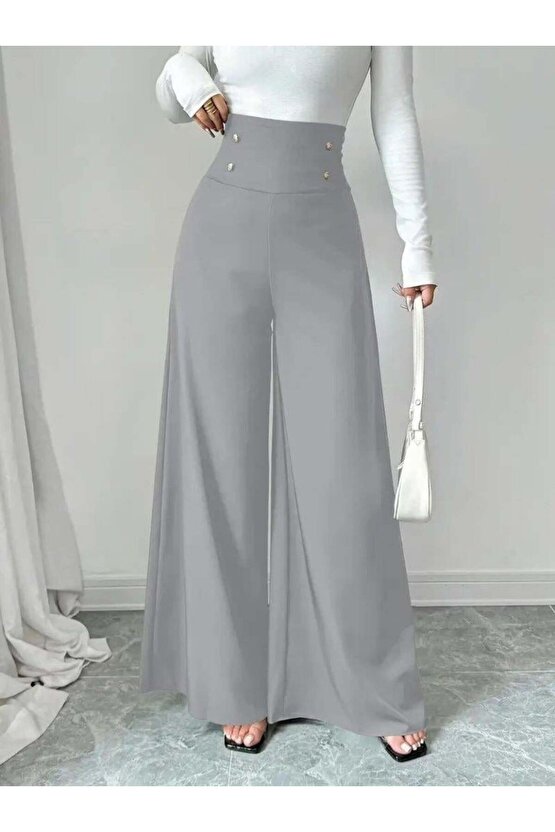 Kadın Yüksek Bel Düğmeli Geniş Paçalı Ithal Krep Pantolon