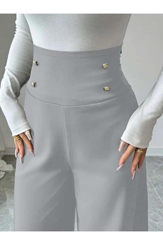 Kadın Yüksek Bel Düğmeli Geniş Paçalı Ithal Krep Pantolon