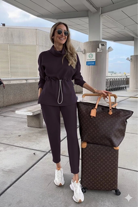 EQURİ Kadın Uzun Kollu Balıkçı Yaka Belden Lastikli Modal Bluz Ve Pantolon Ikili Takım