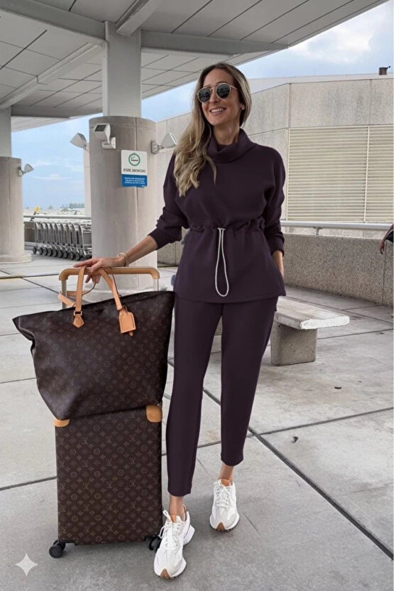 EQURİ Kadın Uzun Kollu Balıkçı Yaka Belden Lastikli Modal Bluz Ve Pantolon Ikili Takım