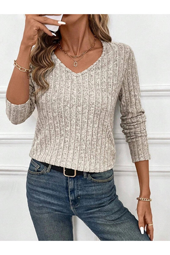 Kadın Uzun Kollu V Yakalı Arkadan Dantel Detaylı şardonlu Kaşkorse Bluz