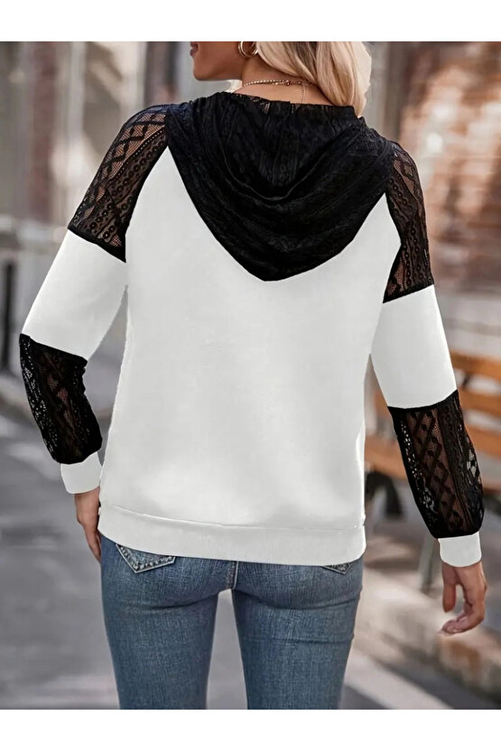 EQURİ Kadın Uzun Kollu Dantelli Kapşonlu Viskon Iki Iplik Bluz