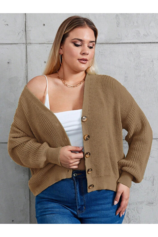 EQURİ Kadın Beş Düğme Büyük Beden Triko Hırka