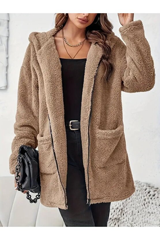 EQURİ Kadın Uzun Kollu Kapşonlu önden Fermuarlı Cepli Welsoft Ceket