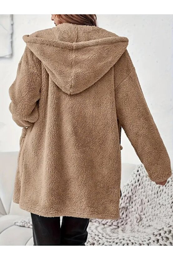 EQURİ Kadın Uzun Kollu Kapşonlu önden Fermuarlı Cepli Welsoft Ceket