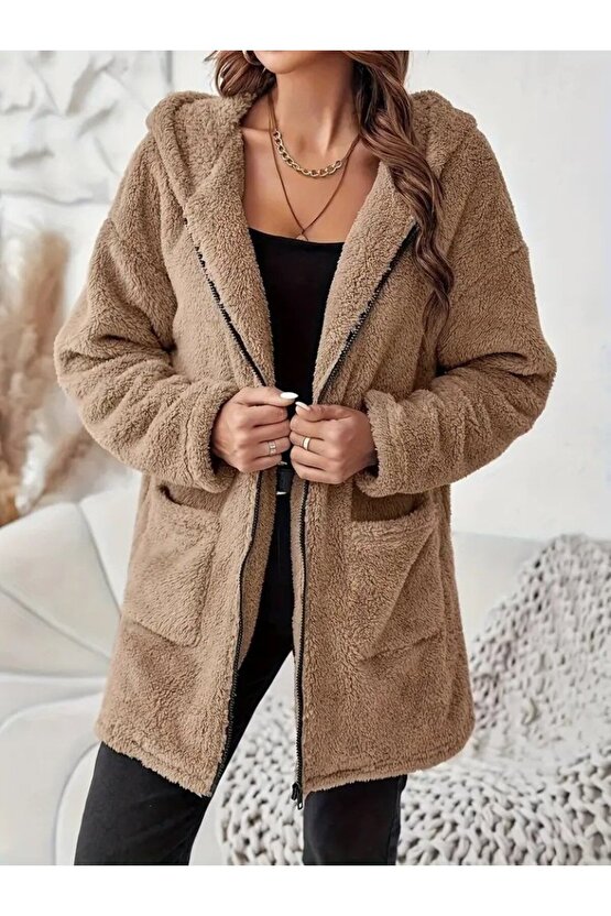 EQURİ Kadın Uzun Kollu Kapşonlu önden Fermuarlı Cepli Welsoft Ceket