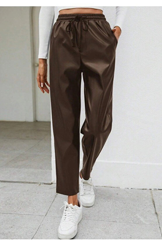 Kadın Yüksel Bel Bağcıklı Deri Pantolon