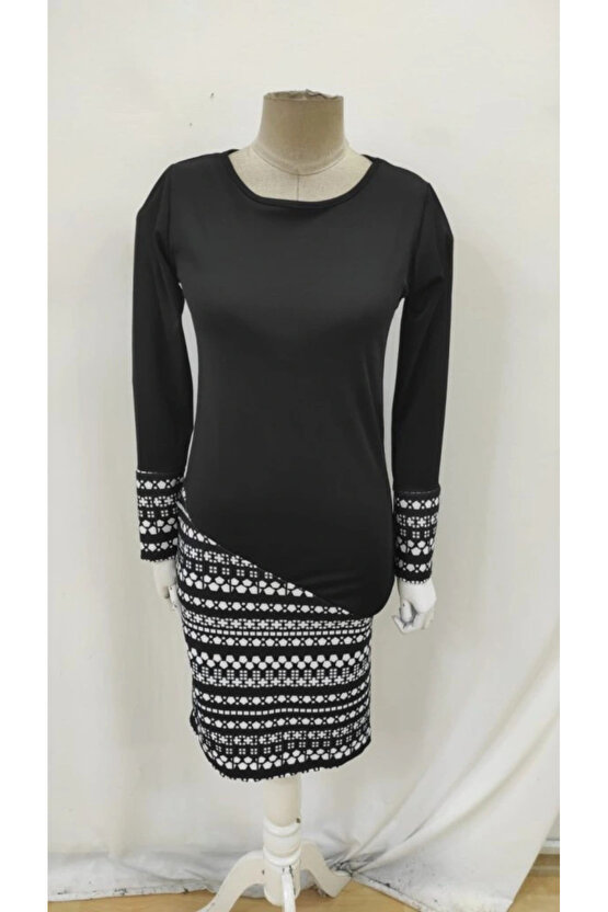 EQURİ Kadın Uzun Kollu Bisiklet Yaka Desenli Dalgıç Elbise