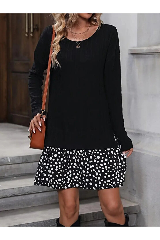 Kadın Uzun Kollu Bisiklet Yaka şardonlu Kaşkorse Bluz Ve Süprem Etek Elbise